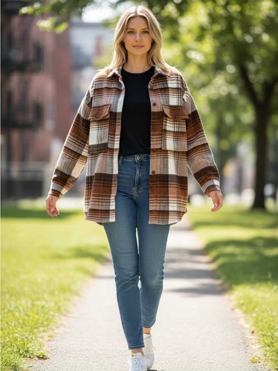 12th Tribe Jackets & Blazers - 12th Tribe Brown Cream Plaid Utility Jacket